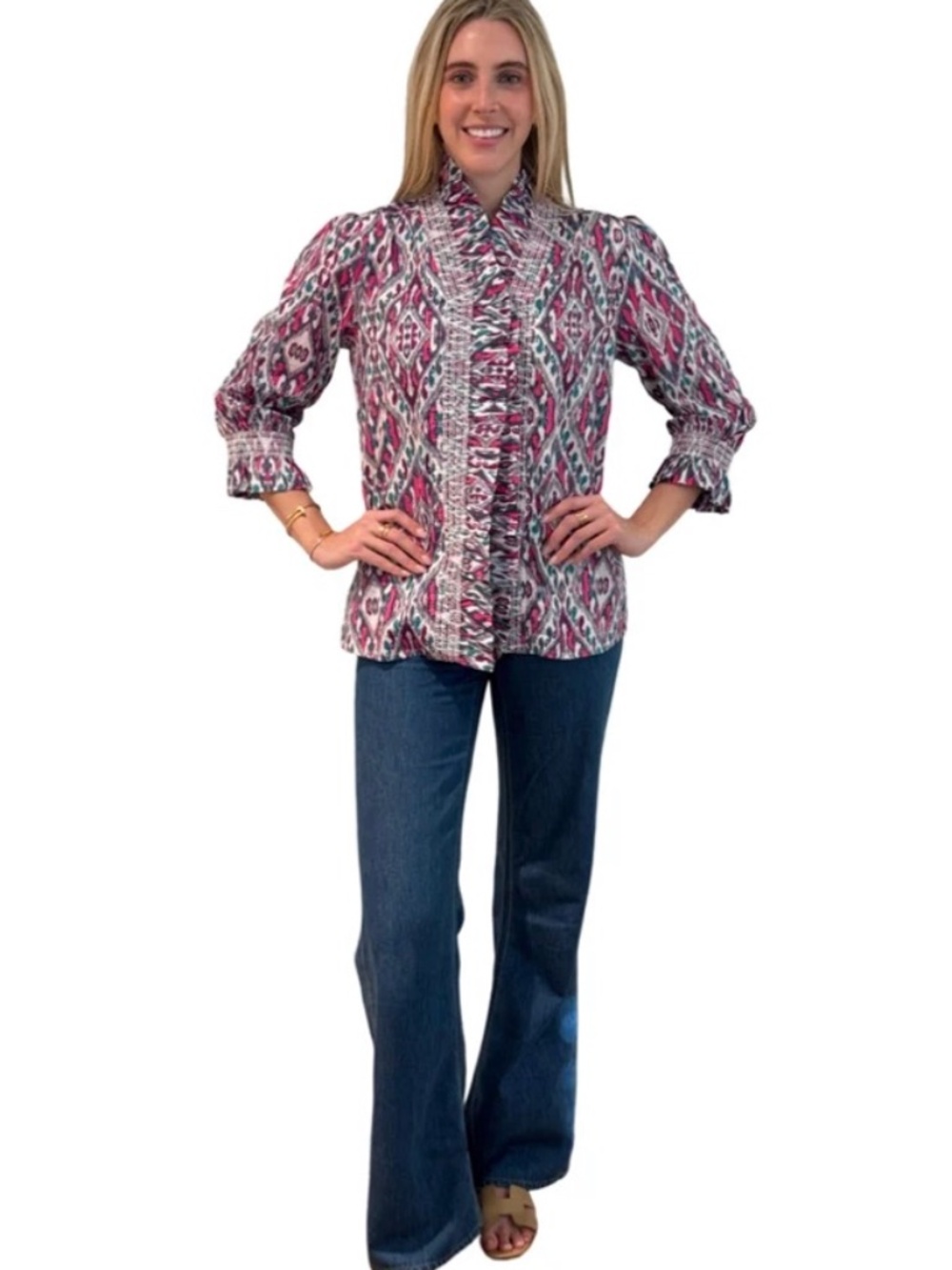 LIZA BYRD Amelia Ruffle Trip Smocked Top in Pink and Navy Ikat, NWT